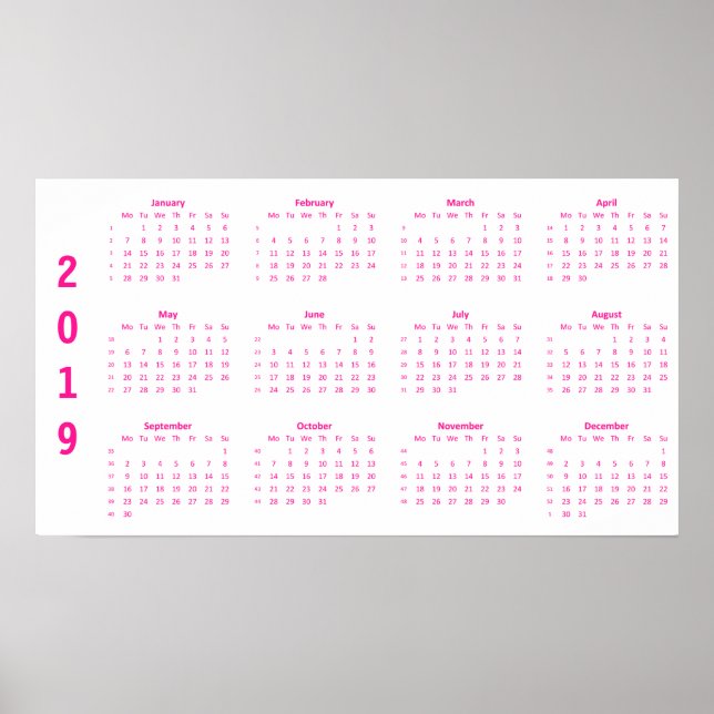 Minimalistischer Hot-Pink-Kalender 2019 Poster (Vorne)