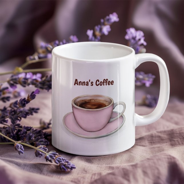 Minimalistischer Kaffee Erster Zitat Rosa Tasse Äs (Hand holding minimalist coffee mug with pink cup illustration and cozy quote design)