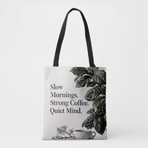 Minimalistischer Kaffee-Spruch mit Tasse, Pflanze