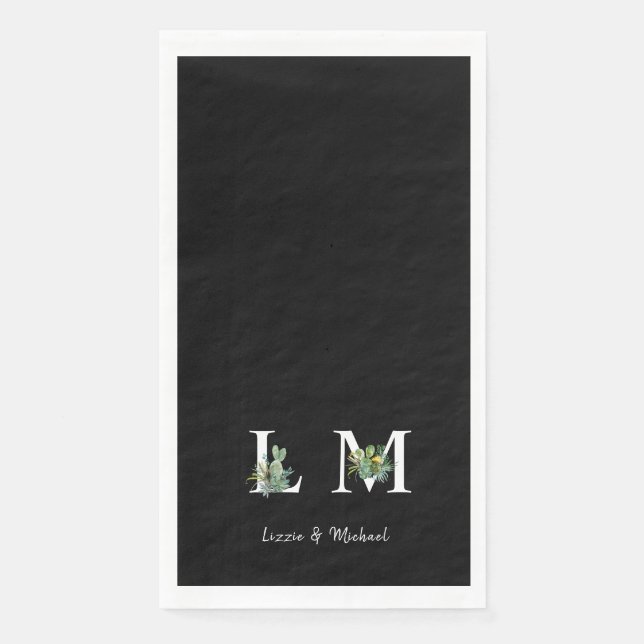 Minimalistischer Kaktus Monogramm Name Schwarz Serviette (Vorderseite)