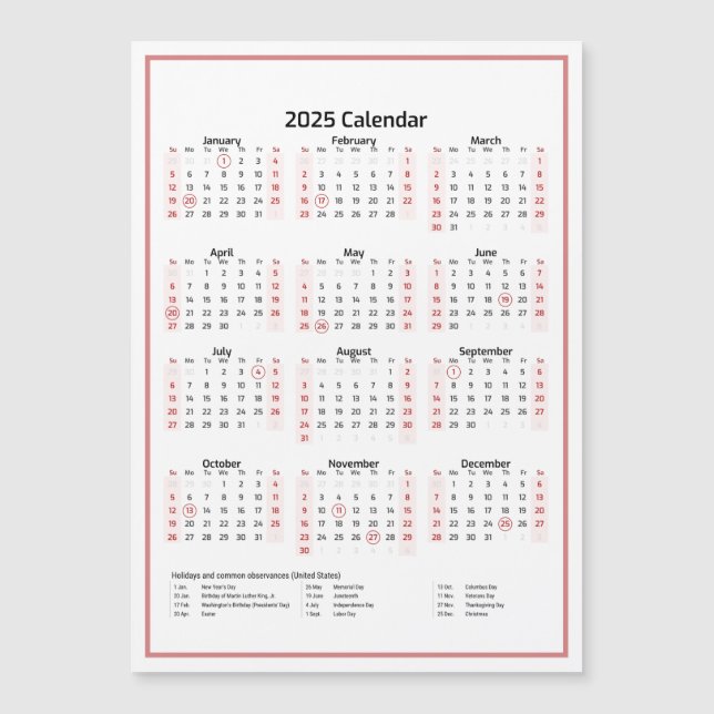 Minimalistischer Kalender 2025 Rosa Magnetkarte (Vorderseite)