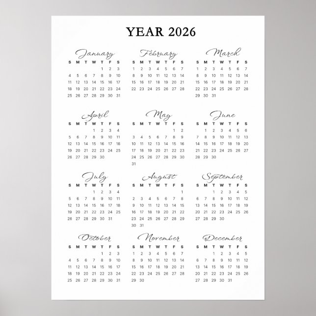 Minimalistischer Kalenderposter 2026 Poster (Vorne)