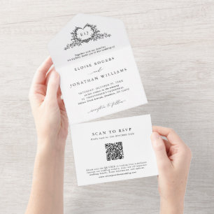 Minimalistischer Kalligrafie-Wappen-Monogramm-QR-C All In One Einladung
