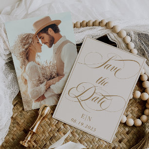 Minimalistischer Klassischer Elfenbein-Gold-Foto Save The Date