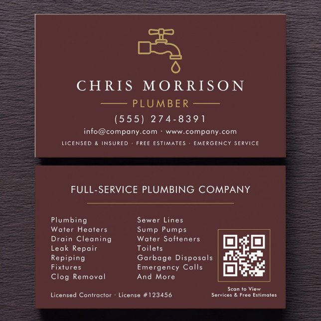 Minimalistischer Klempner Bordeaux Gold QR-Code Visitenkarte (Von Creator hochgeladen)