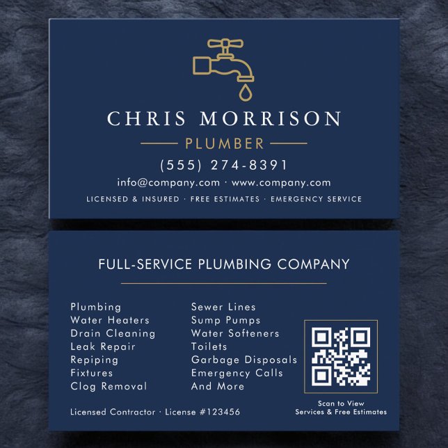 Minimalistischer Klempner Navy Blau Gold QR-Code Visitenkarte (Von Creator hochgeladen)