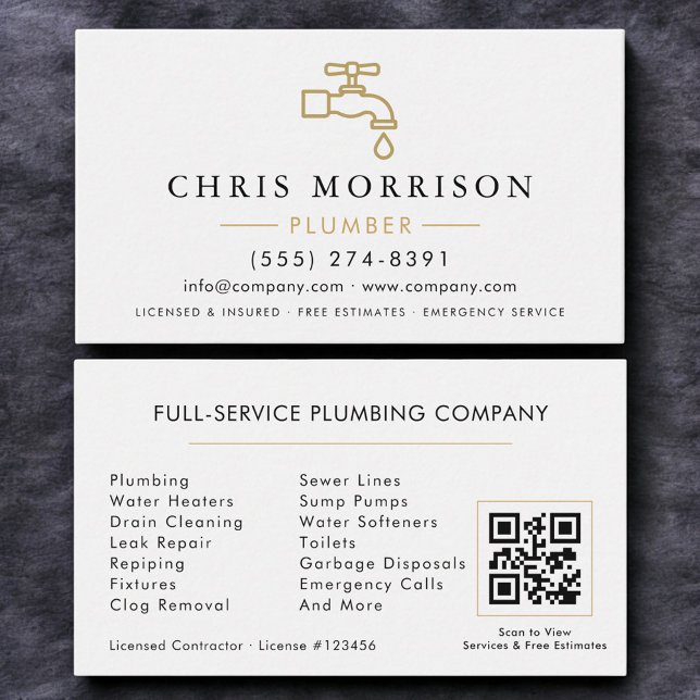Minimalistischer Klempner White Gold QR-Code Visitenkarte (Von Creator hochgeladen)