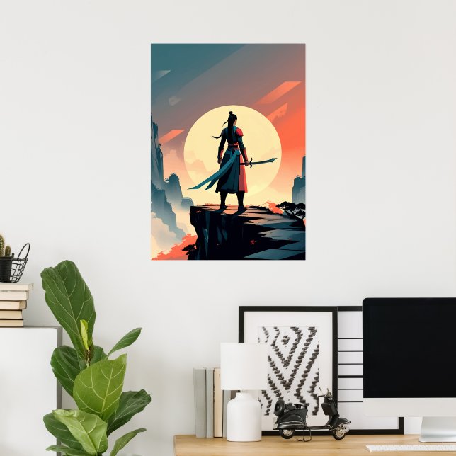 Minimalistischer Krieger mit Schwert-Gaming  Poster (Heimbüro)