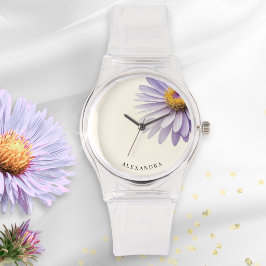 Minimalistischer lila Aster Blumen Custom Name Mod Armbanduhr