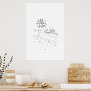 Minimalistischer Malediven-Strand-Linienkunst-Reis Poster