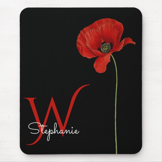 Minimalistischer Mit Monogramm Roter Mohn auf Schw Mousepad (Vorne)