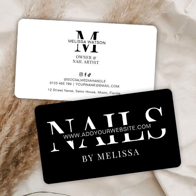 Minimalistischer moderner Black Nail Artist Nail S Visitenkarte (Minimalist nail spa business cards in black and white with fully editable text & colors)