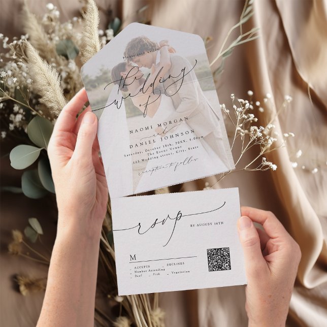 Minimalistischer moderner schicker Skript elegante All In One Einladung (Minimalist Modern Chic Script Elegant Wedding All In One Invitation)