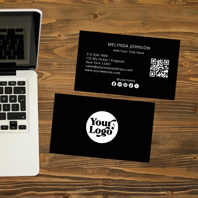 Minimalistischer moderner schwarzer QR-Code Social Visitenkarte (Von Creator hochgeladen)