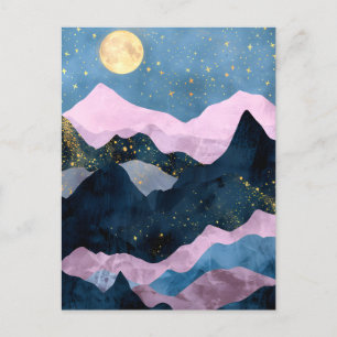 Minimalistischer Mond Sterne Himmel Bergtal Ankündigungspostkarte