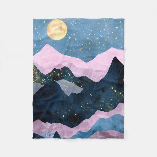 Minimalistischer Mond Sternen Himmel Bergtal Fleecedecke (Vorderseite)