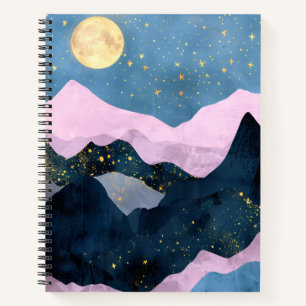 Minimalistischer Mond Sternen Himmel Bergtal Notizbuch