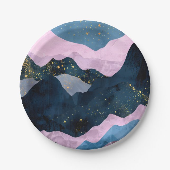 Minimalistischer Mond Sternenhimmel Bergtal Pappteller (Vorderseite)