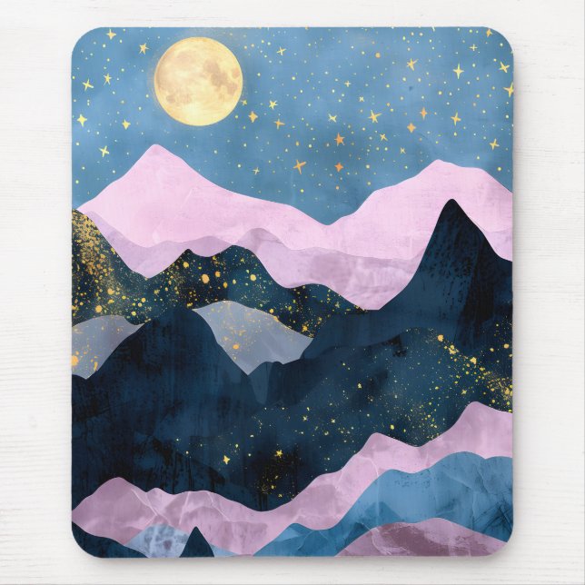 Minimalistischer Mond Sternenhimmel Gebirgstal Mousepad (Vorne)