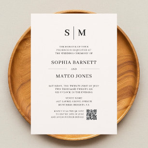 Minimalistischer Monogram Ivory Foto QR Code Hochz Einladung