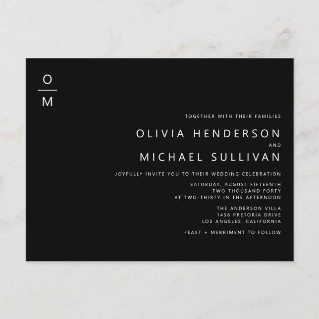 Minimalistischer Monogramm-Black-QR-Code Hochzeit Einladungspostkarte (Vorderseite)