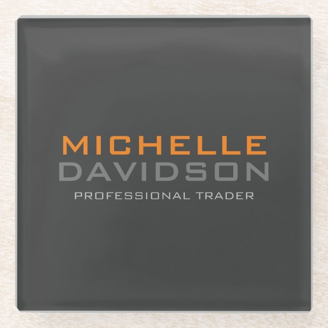 Minimalistischer Name des modernen, grauen, orange Glasuntersetzer (Vorderseite)