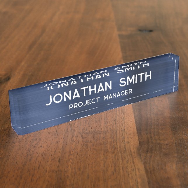 Minimalistischer Name des Navy Blue Brushed Metal Namensplakette (Seite)