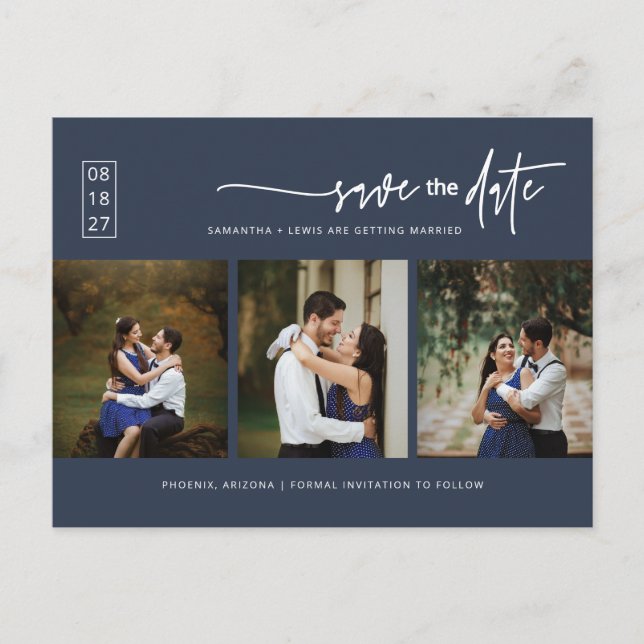 Minimalistischer Navy Blue Foto QR-Code Save the D Postkarte (Vorderseite)