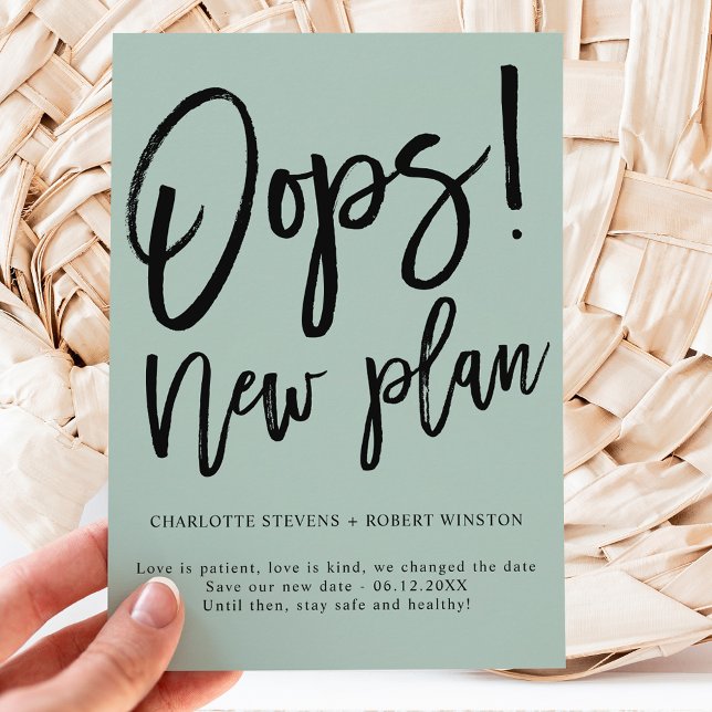 Minimalistischer neuer Plan Hochzeit Grün ändern d Ankündigungspostkarte (Von Creator hochgeladen)