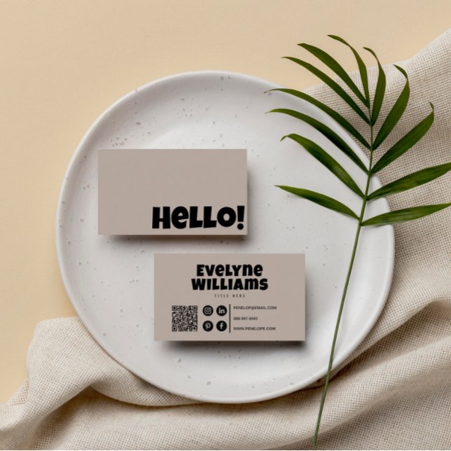 Minimalistischer neutraler QR-Code Hello Boho Retr Visitenkarte (Von Creator hochgeladen)