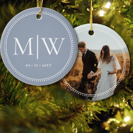 Minimalistischer Newlywings Monogram Foto Blue Hol Keramik Ornament