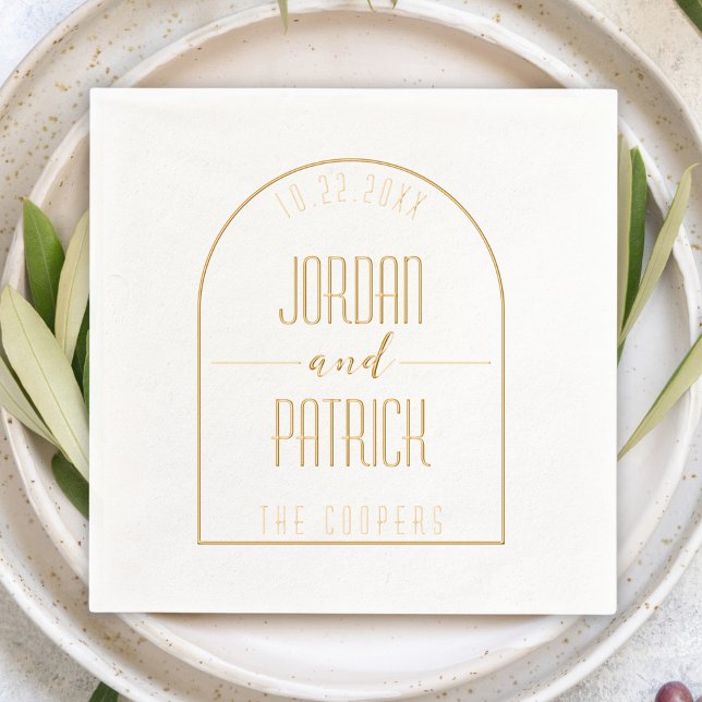 Minimalistischer Pfeil Personalisiert Name und Dat Servietten Mit Folie (gold foil arch frame wedding cocktail napkin personalized customizable couple's names & wedding date)