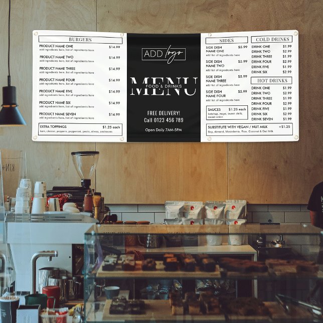 Minimalistischer Pop Up Shop Restaurant Menü Banner (Minimalist modern business menu banner sign - great for coffee shops, pop up markets & trade shows)