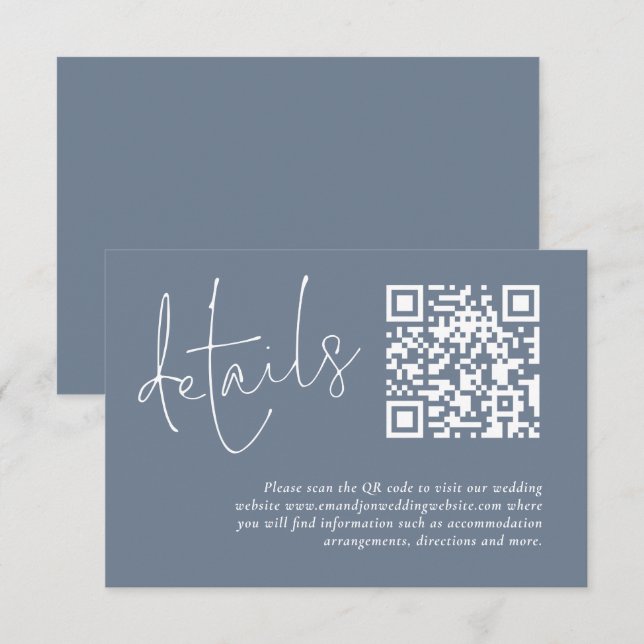 Minimalistischer QR Code Dusty Blue Wedding Detail Begleitkarte (Vorne/Hinten)