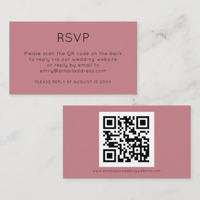 Minimalistischer QR-Code Dusty Rose Wedding RSVP Begleitkarte (Vorne/Hinten)
