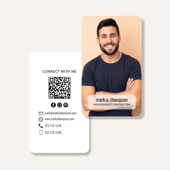 Minimalistischer QR-Code-Foto-Connect-Moderne-Weiß Visitenkarte (Minimalist white QR code business card with photo and clean modern black typography)