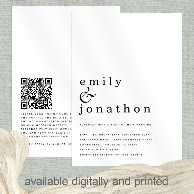Minimalistischer QR-Code für einfache Textdateien Einladung (Front and back view. Available printed or as a digital download)