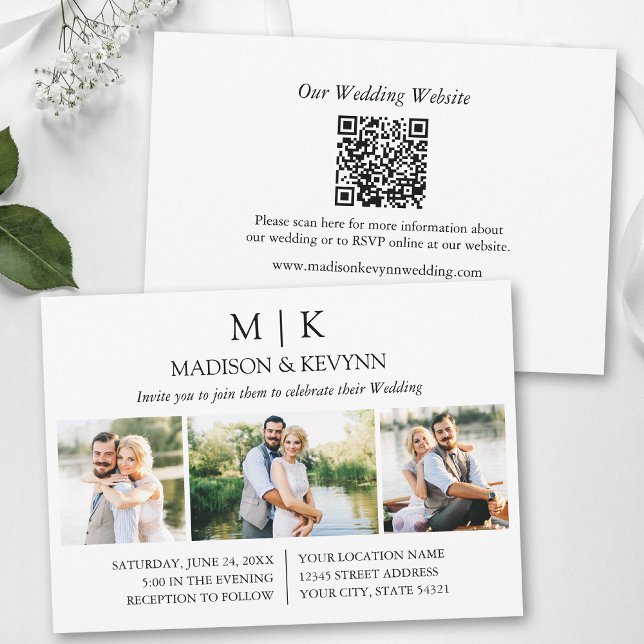 Minimalistischer QR-Code Hochzeiten 3 Foto Einladung (Add your wedding website or social media web address to the QR Scan Code.)
