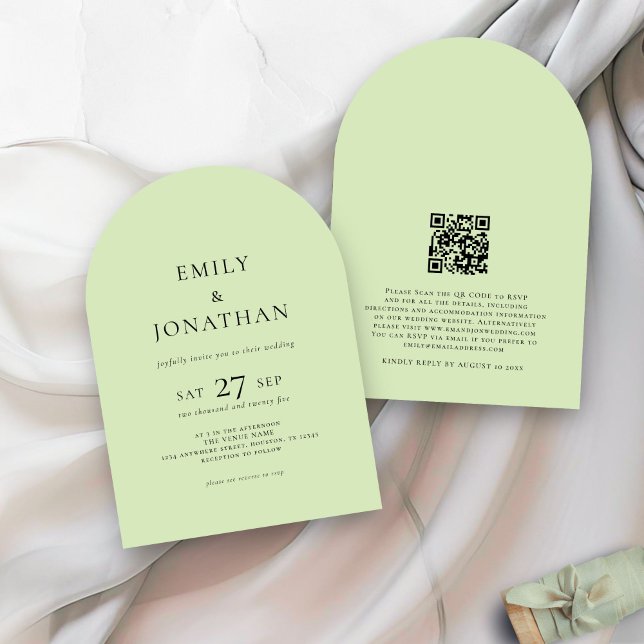 Minimalistischer QR-Code Limone Cream Arch Wedding Einladung (front and back view)