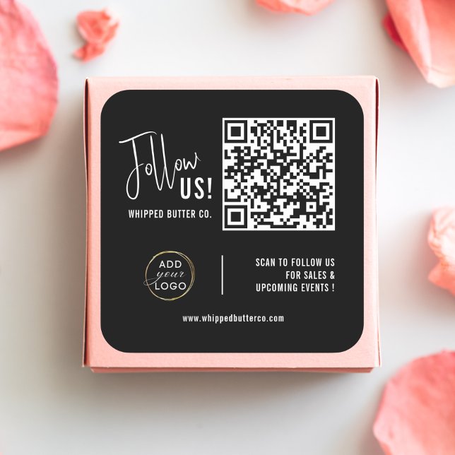 Minimalistischer QR Code + LOGO Black Folgen Sie u Quadratischer Aufkleber (Minimalist QR Code + LOGO Black Follow Us! Square Sticker Small Business promotional products
)
