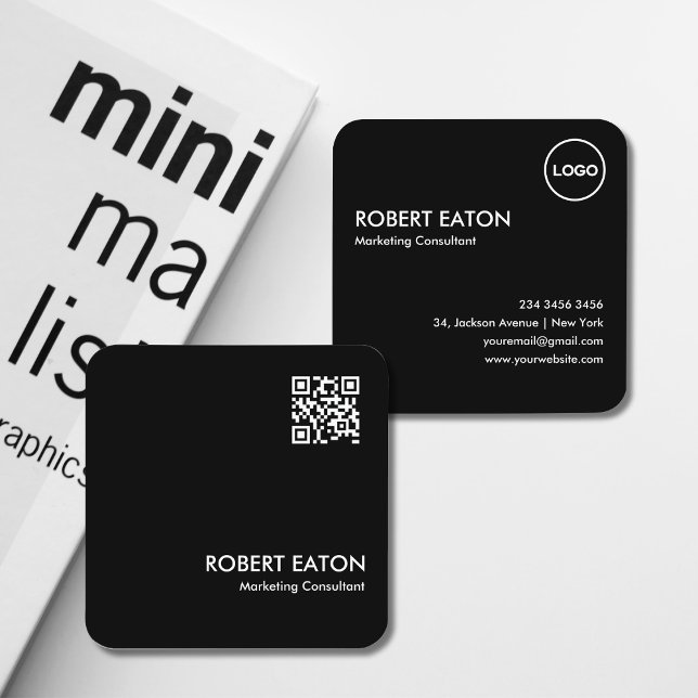 Minimalistischer QR-Code Quadratische Visitenkarte (Modern Minimalist Black & White QR Code Square Business Card)