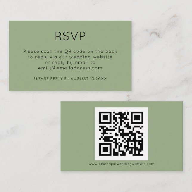Minimalistischer QR Code Sage Green Wedding RSVP Begleitkarte (Vorne/Hinten)