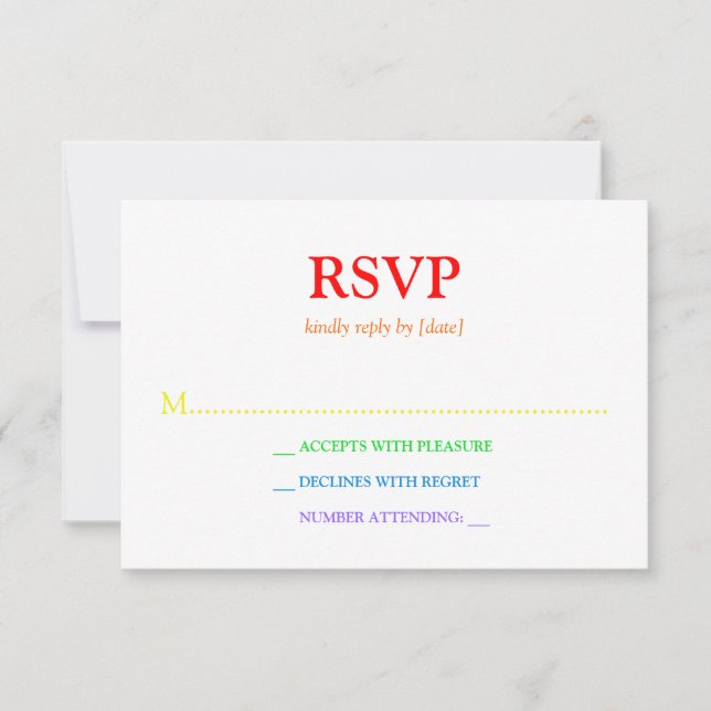 Minimalistischer Rainbow-farbener Schriftart Hochz RSVP Karte (Vorderseite)