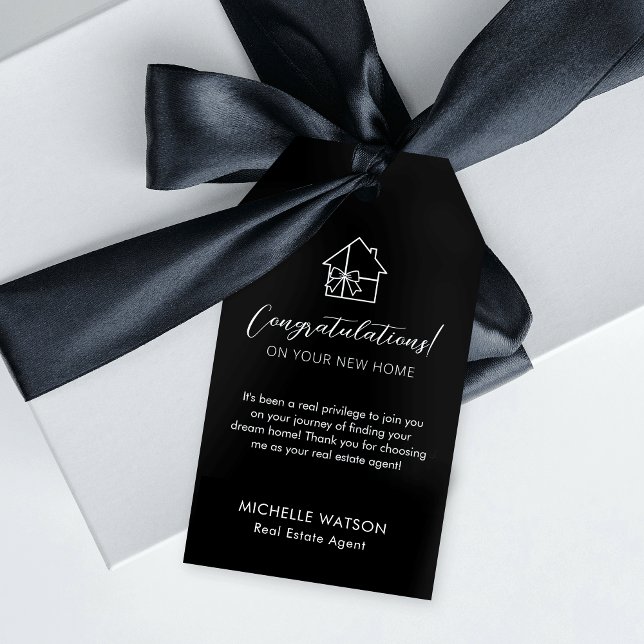 Minimalistischer Real Anwesen Agent Schwarz-weiße  Geschenkanhänger (Fully editable minimalist black and white real estate gift tags with space for your custom message)