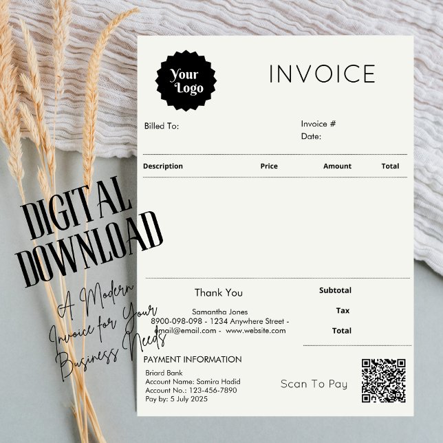 Minimalistischer Rechnungsabsatz für kleine Untern Karte (client invoice service invoice form business quotation scan to pay qr code, digital download)