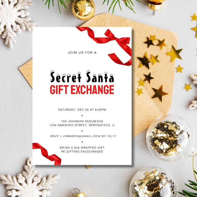 Minimalistischer Red Bow Secret Santa Gift Exchang Einladung (Minimalist Red Bow Secret Santa Gift Exchange Invitation)