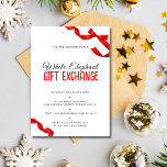 Minimalistischer Red Bow White Elephant Gift Excha Einladung<br><div class="desc">Die Einladung zum Geschenktausch präsentiert sich in einem minimalistischen Design,  ergänzt durch einen kräftigen roten Bogen. Dies unterstreicht nicht nur das Thema des weißen Elefanten Geschenksoiree. Gleichzeitig ist jede Einladung wie ein Geschenk,  das sich verbindet. Maßgeschneidert für verschiedene Feste wie Yankee Swap,  Dirty Santa und Party mit weißen Elefanten.</div>