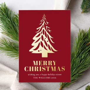 Minimalistischer Red Gold Tree Frohe Weihnachten Folien Feiertagskarte