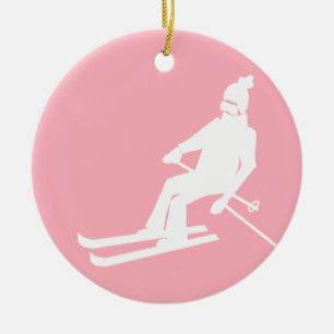Minimalistischer Retro-Skier Winter Pink White Keramik Ornament
