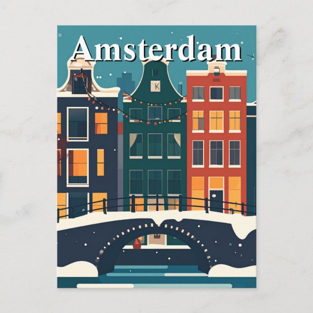 Minimalistischer Retro Winter in Amsterdam Canal H Postkarte (Vorderseite)